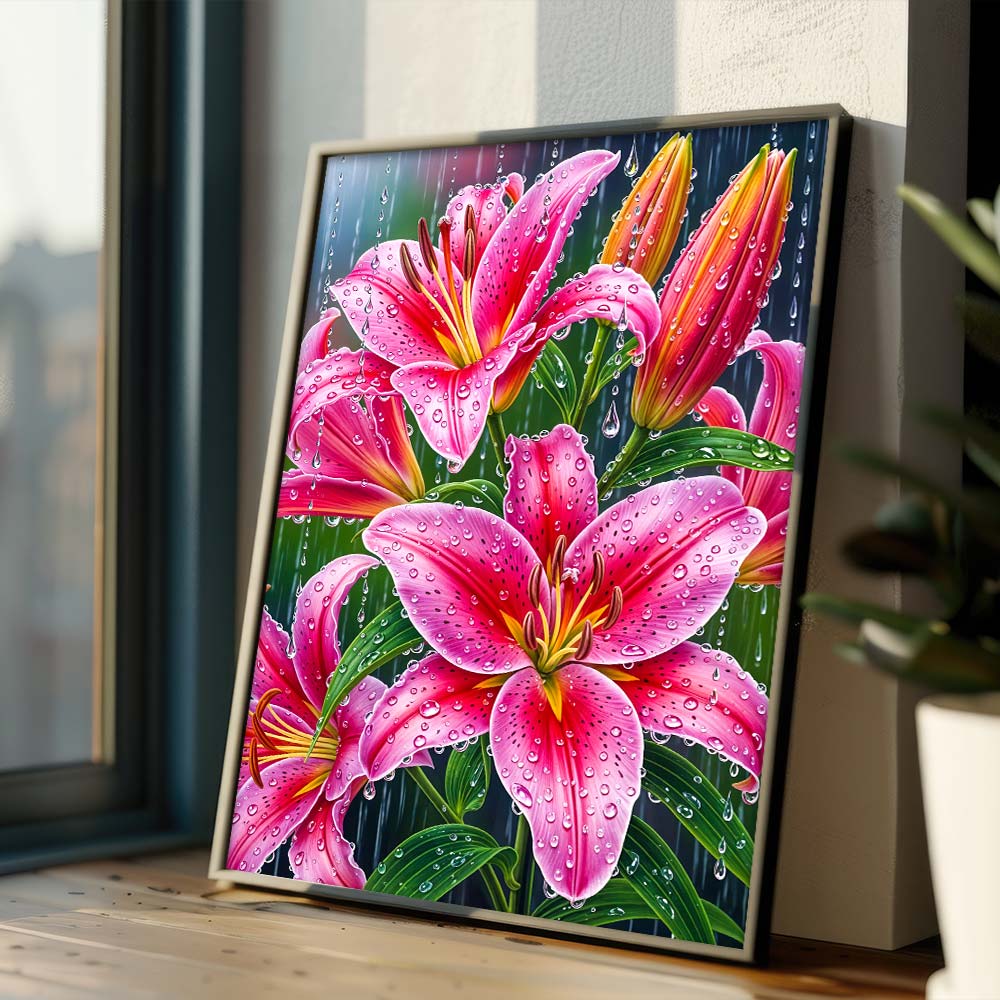 5D Diamond Painting – Lilien im Sommerregen, Unique-Diamond