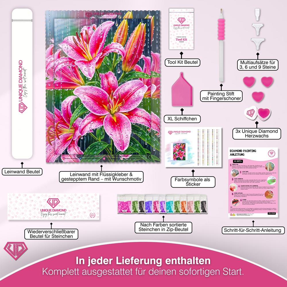 5D Diamond Painting – Lilien im Sommerregen Unique-Diamond