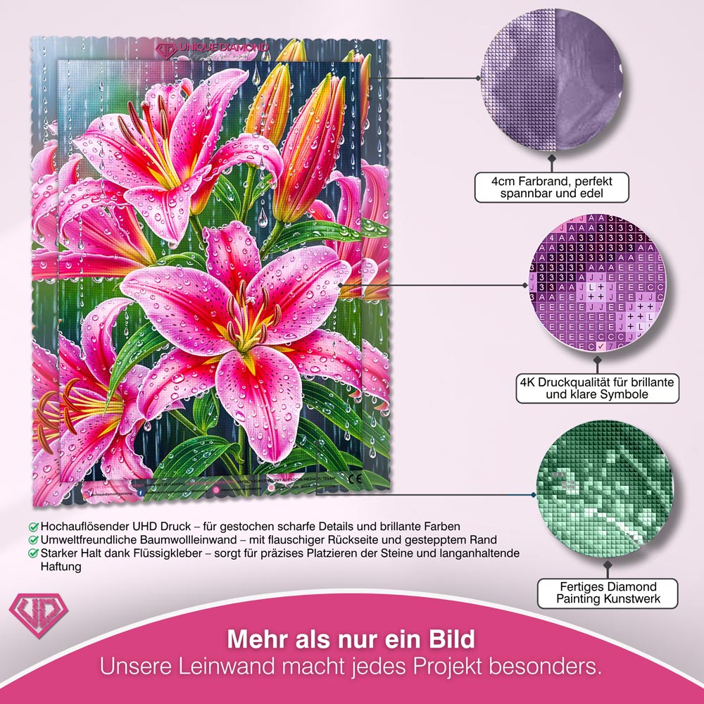 5D Diamond Painting – Lilien im Sommerregen Unique-Diamond