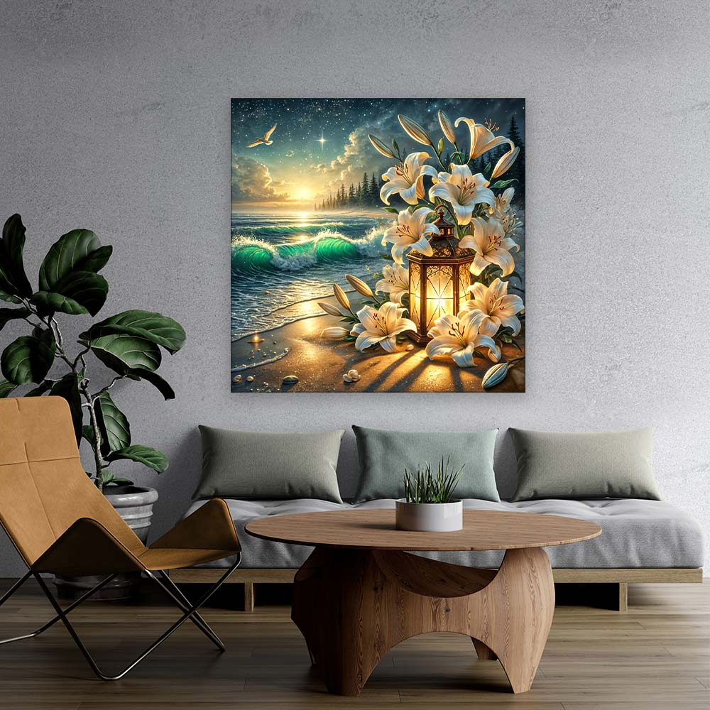 5D Diamond Painting – Lilienlicht am Abendmeer, Unique-Diamond
