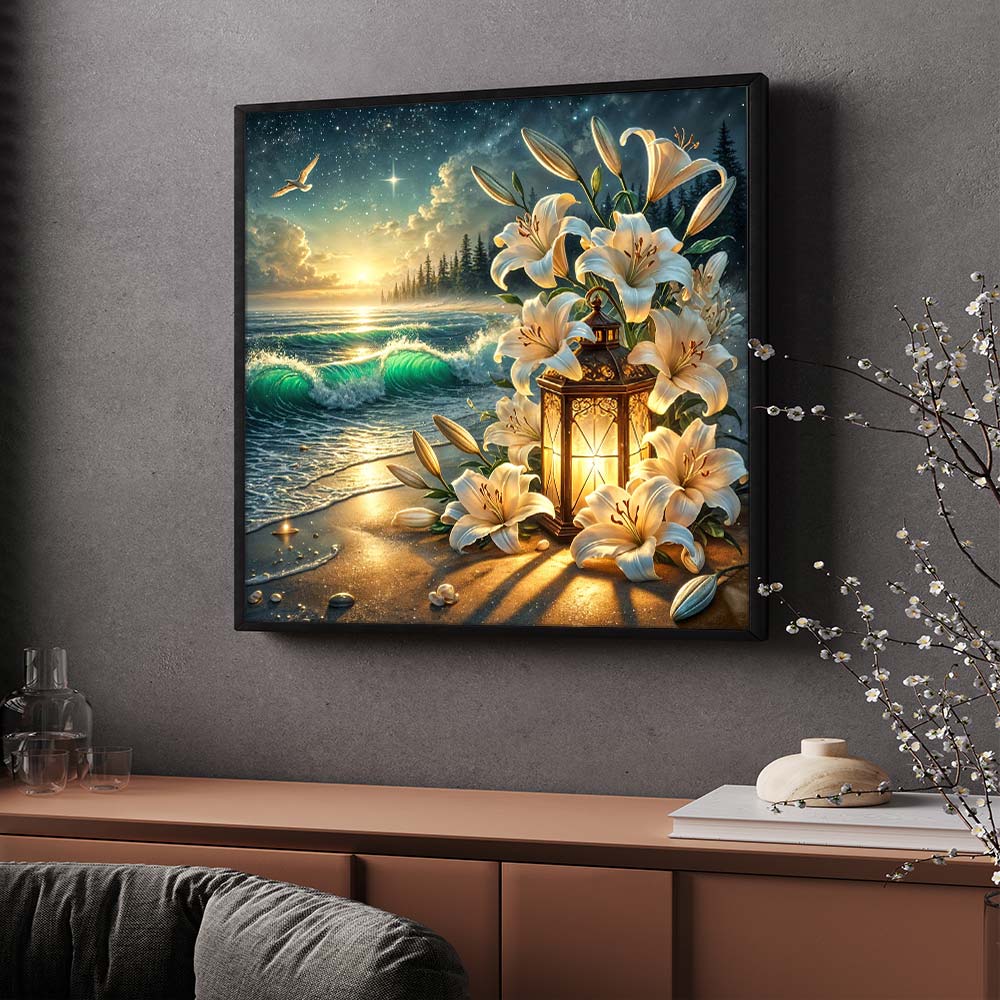 5D Diamond Painting – Lilienlicht am Abendmeer, Unique-Diamond