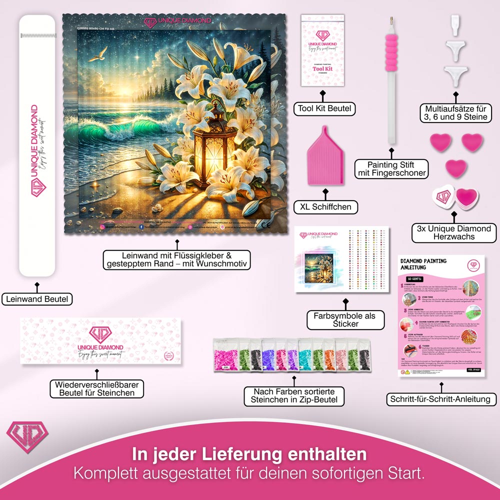 5D Diamond Painting – Lilienlicht am Abendmeer Unique-Diamond