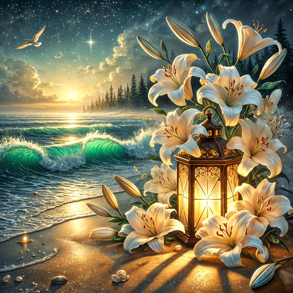 5D Diamond Painting – Lilienlicht am Abendmeer, Unique-Diamond