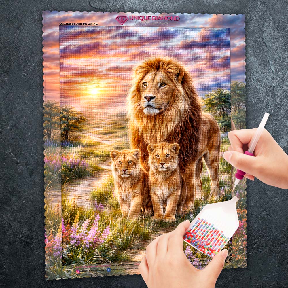 5D Diamond Painting – Lion Family Sunset