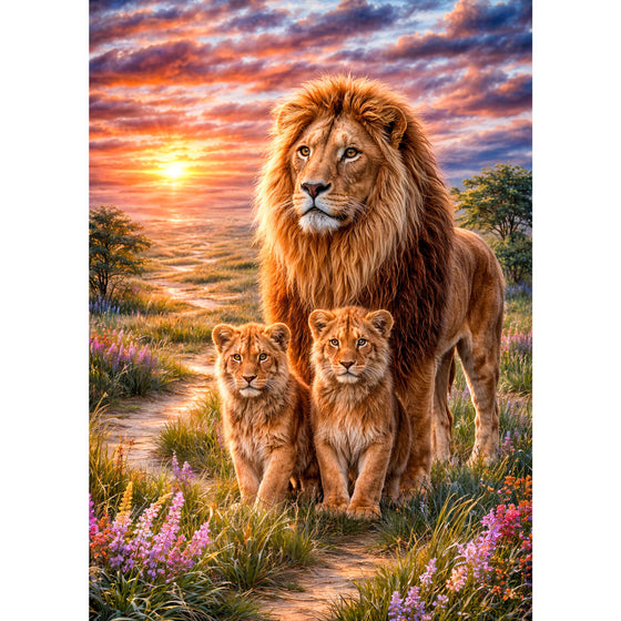 5D Diamond Painting – Lion Family Sunset | Unique Diamond