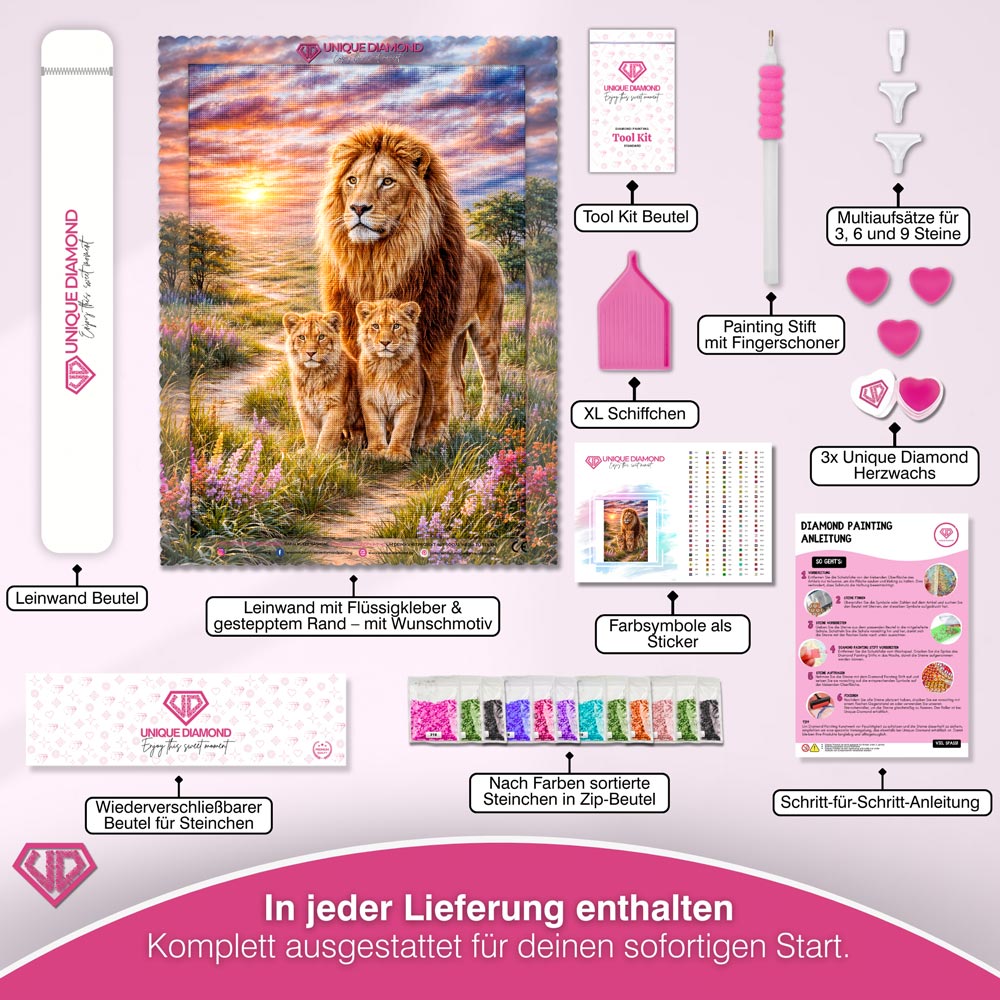 5D Diamond Painting – Lion Family Sunset