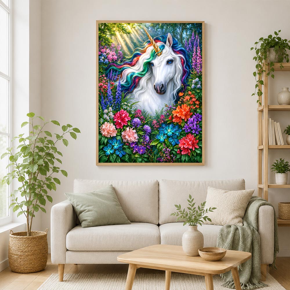 5D Diamond Painting – Magisches Einhorn im Blütenzauber