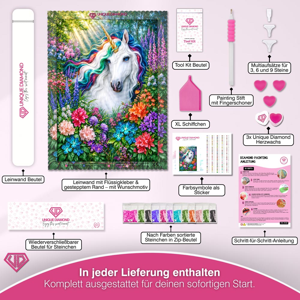 5D Diamond Painting – Magisches Einhorn im Blütenzauber