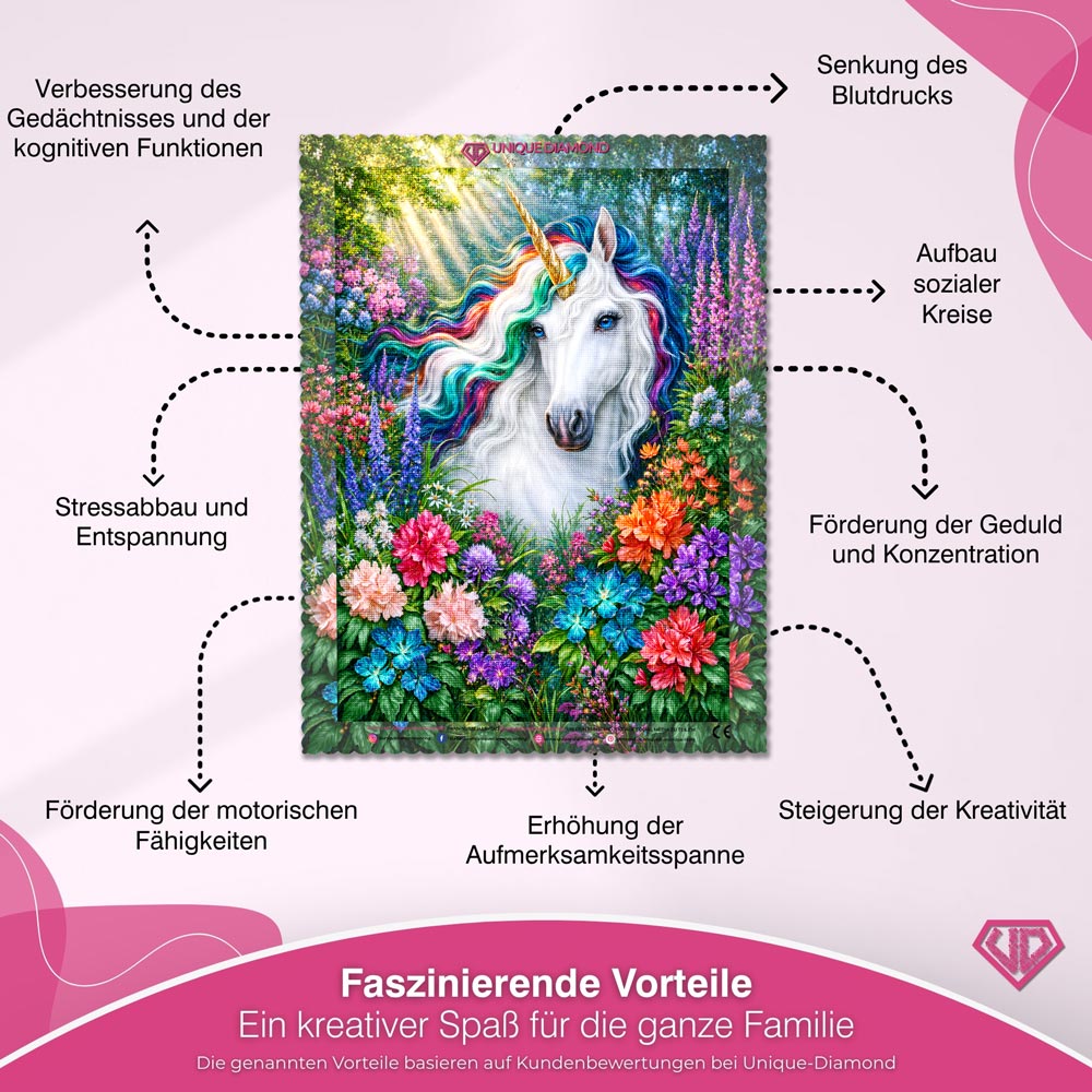 5D Diamond Painting – Magisches Einhorn im Blütenzauber