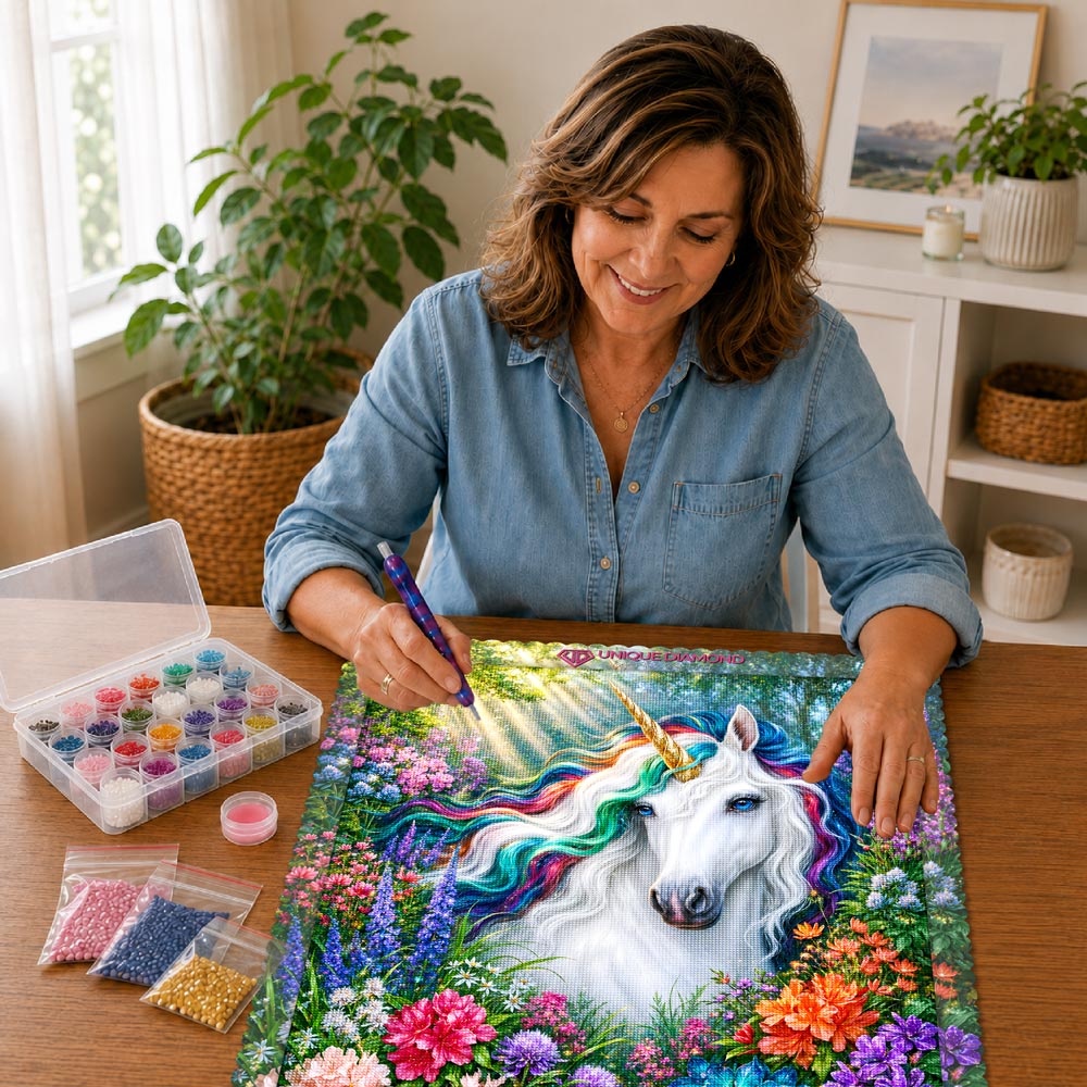 5D Diamond Painting – Magisches Einhorn im Blütenzauber