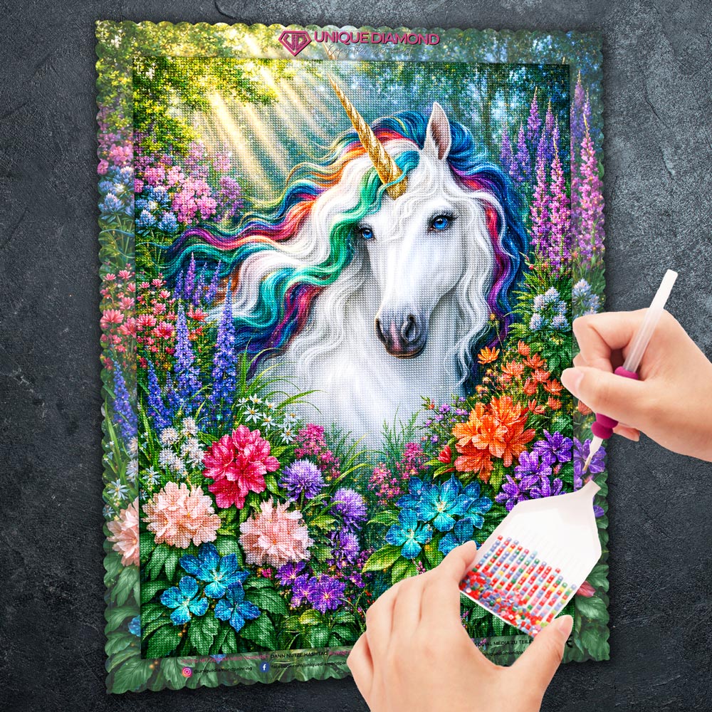 5D Diamond Painting – Magisches Einhorn im Blütenzauber