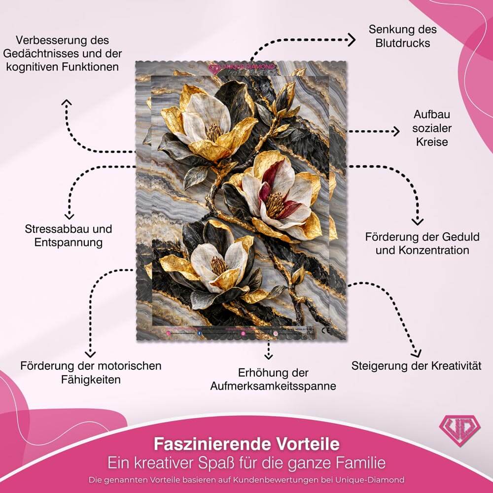 5D Diamond Painting – Magnolien im goldenen Steinfluss