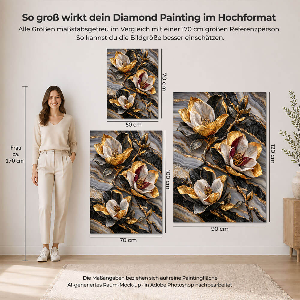 5D Diamond Painting – Magnolien im goldenen Steinfluss