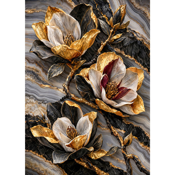 5D Diamond Painting – Magnolien im goldenen Steinfluss | Unique Diamond
