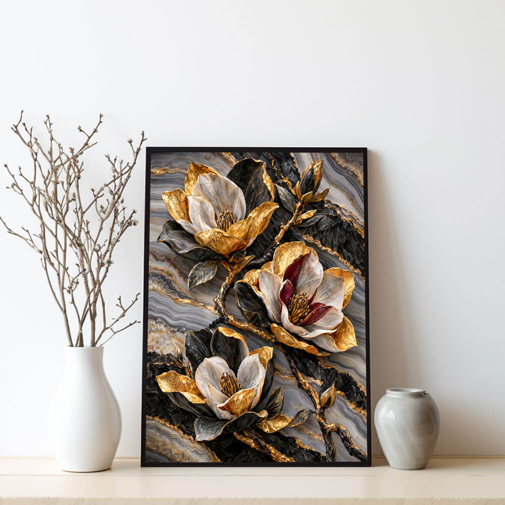 5D Diamond Painting – Magnolien im goldenen Steinfluss