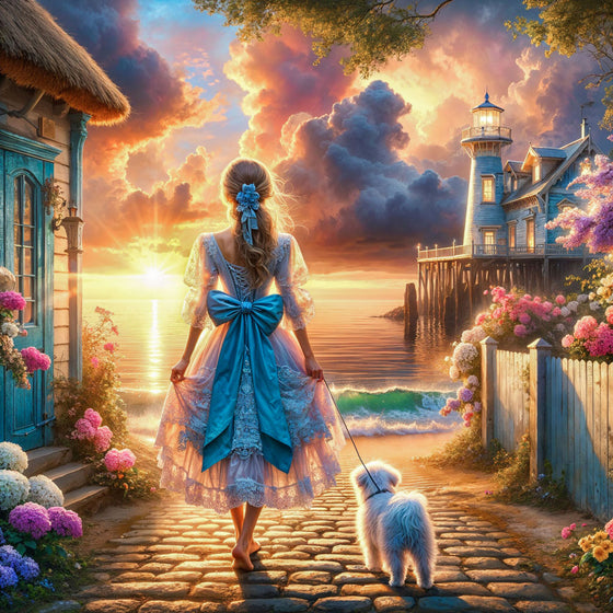 5D Diamond Painting – Marlenes Spaziergang im Abendlicht, Unique-Diamond