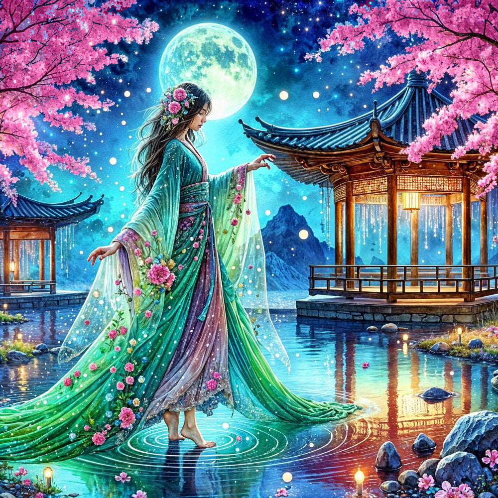 5D Diamond Painting – Mondlicht im Kirschgarten Unique-Diamond