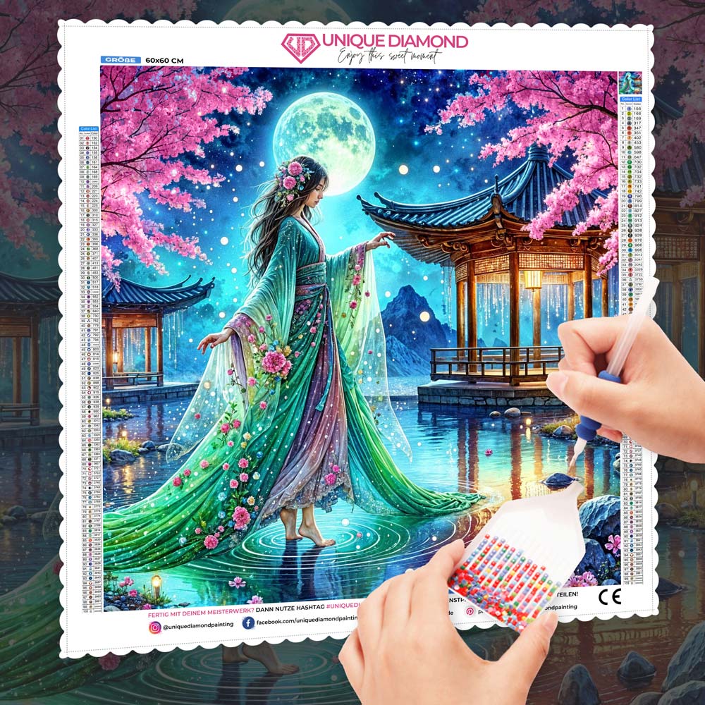5D Diamond Painting – Mondlicht im Kirschgarten Unique-Diamond