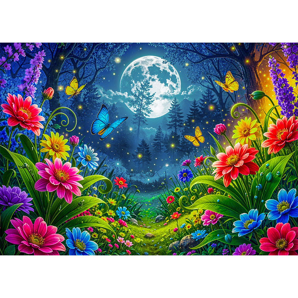 5D Diamond Painting – Mondlichtzauber im Blütenhain, Unique-Diamond