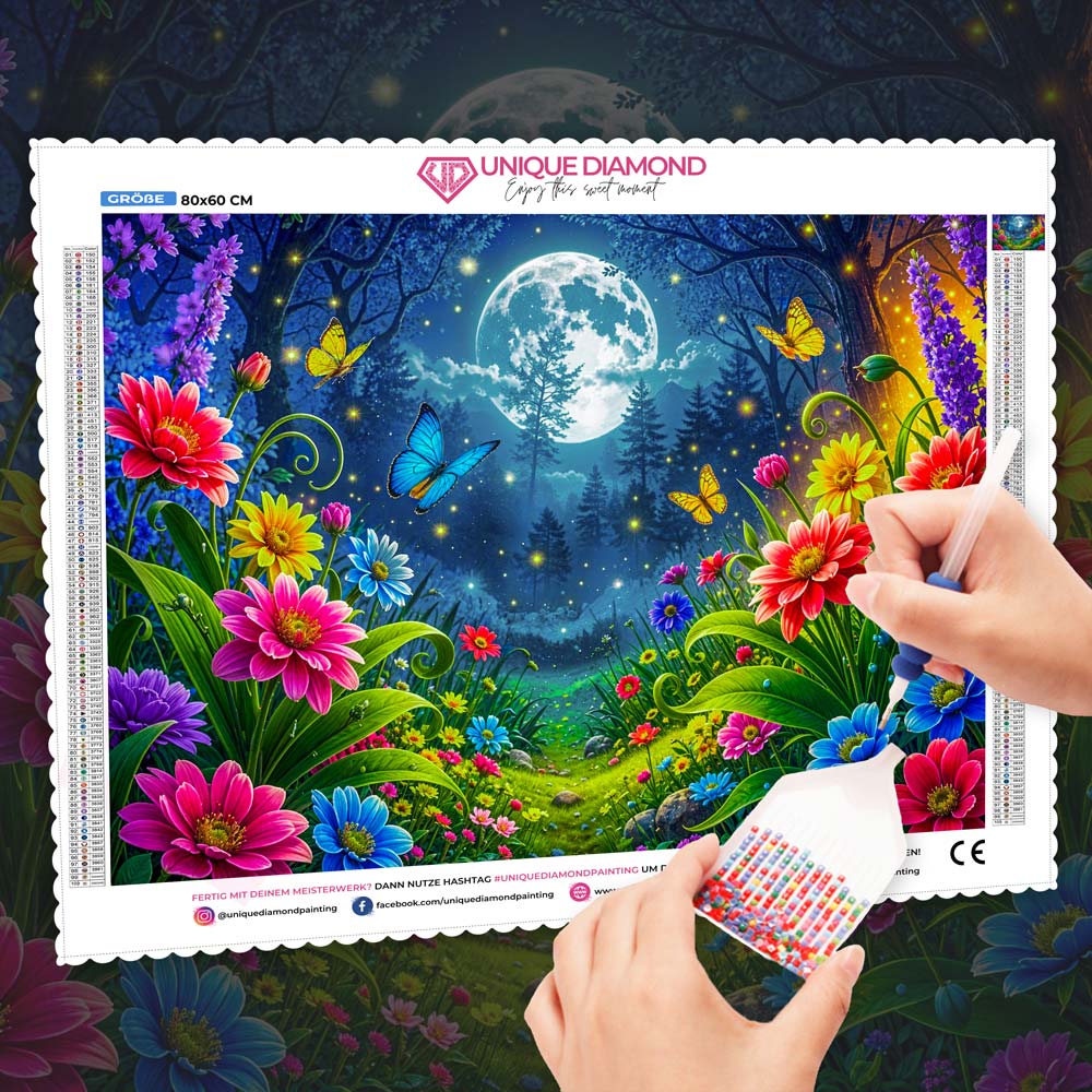 5D Diamond Painting – Mondlichtzauber im Blütenhain, Unique-Diamond