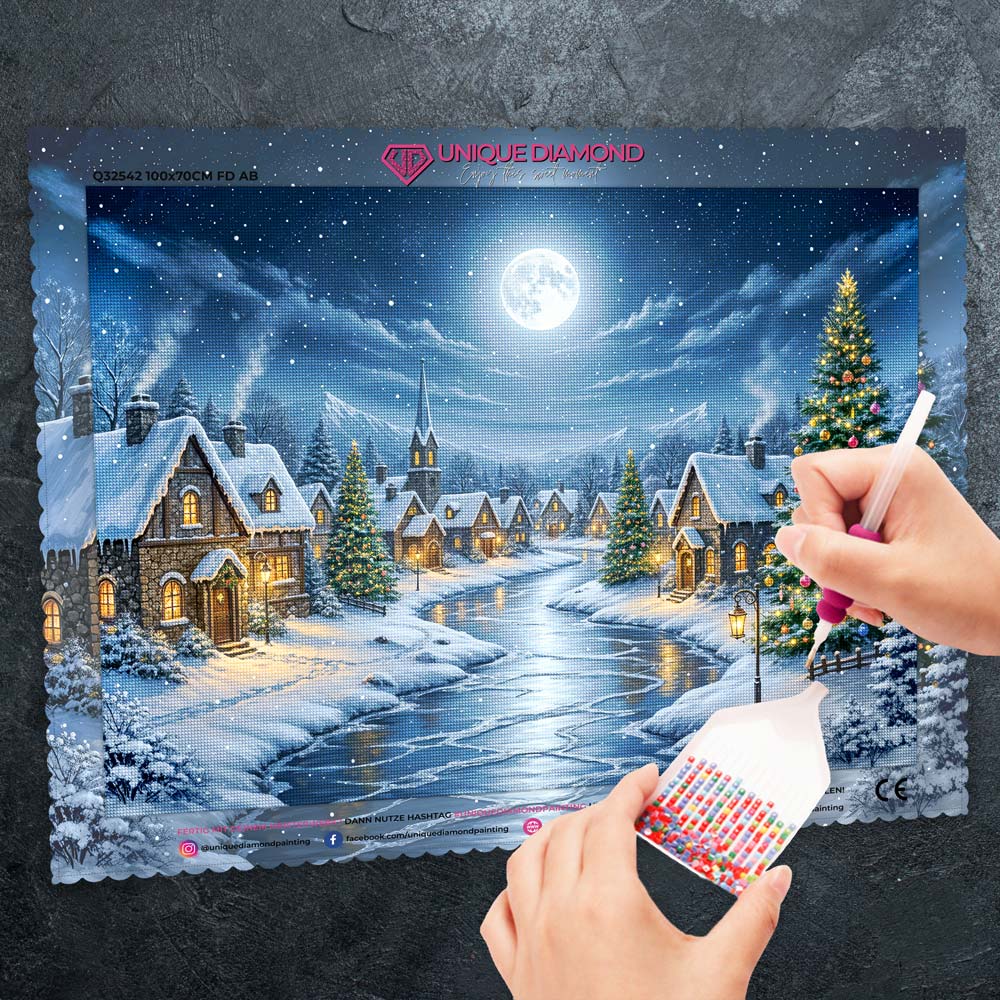 5D Diamond Painting – Mondnacht im Winterdorf Unique-Diamond