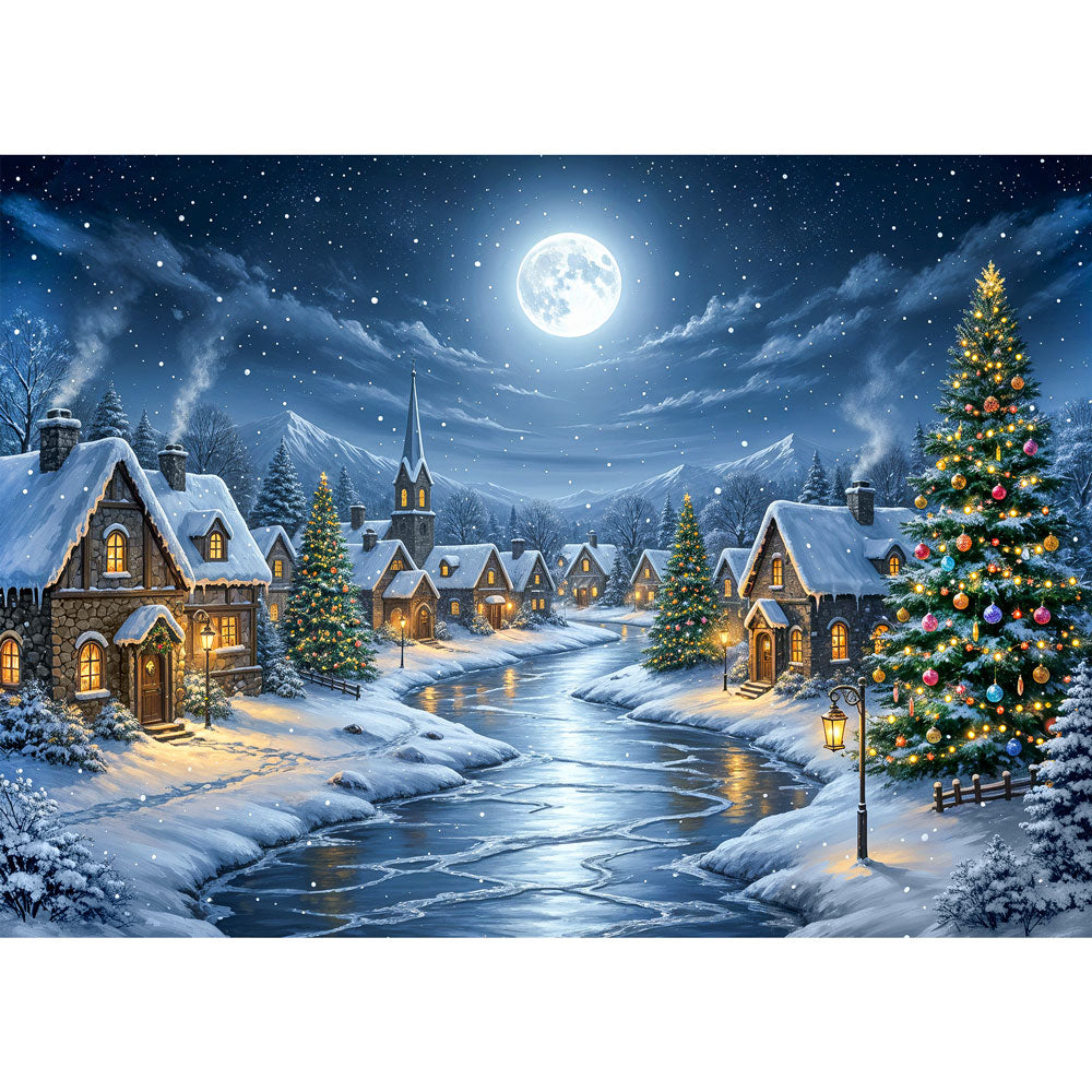5D Diamond Painting – Mondnacht im Winterdorf Unique-Diamond