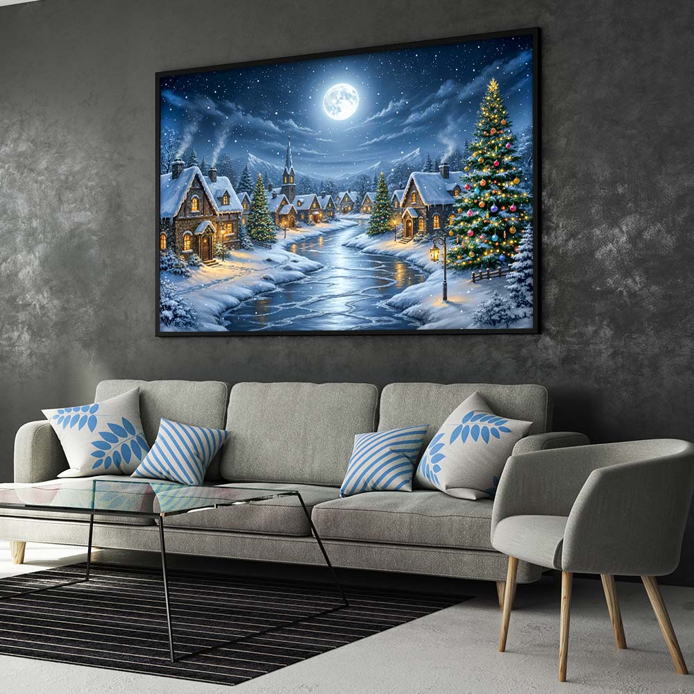 5D Diamond Painting – Mondnacht im Winterdorf Unique-Diamond
