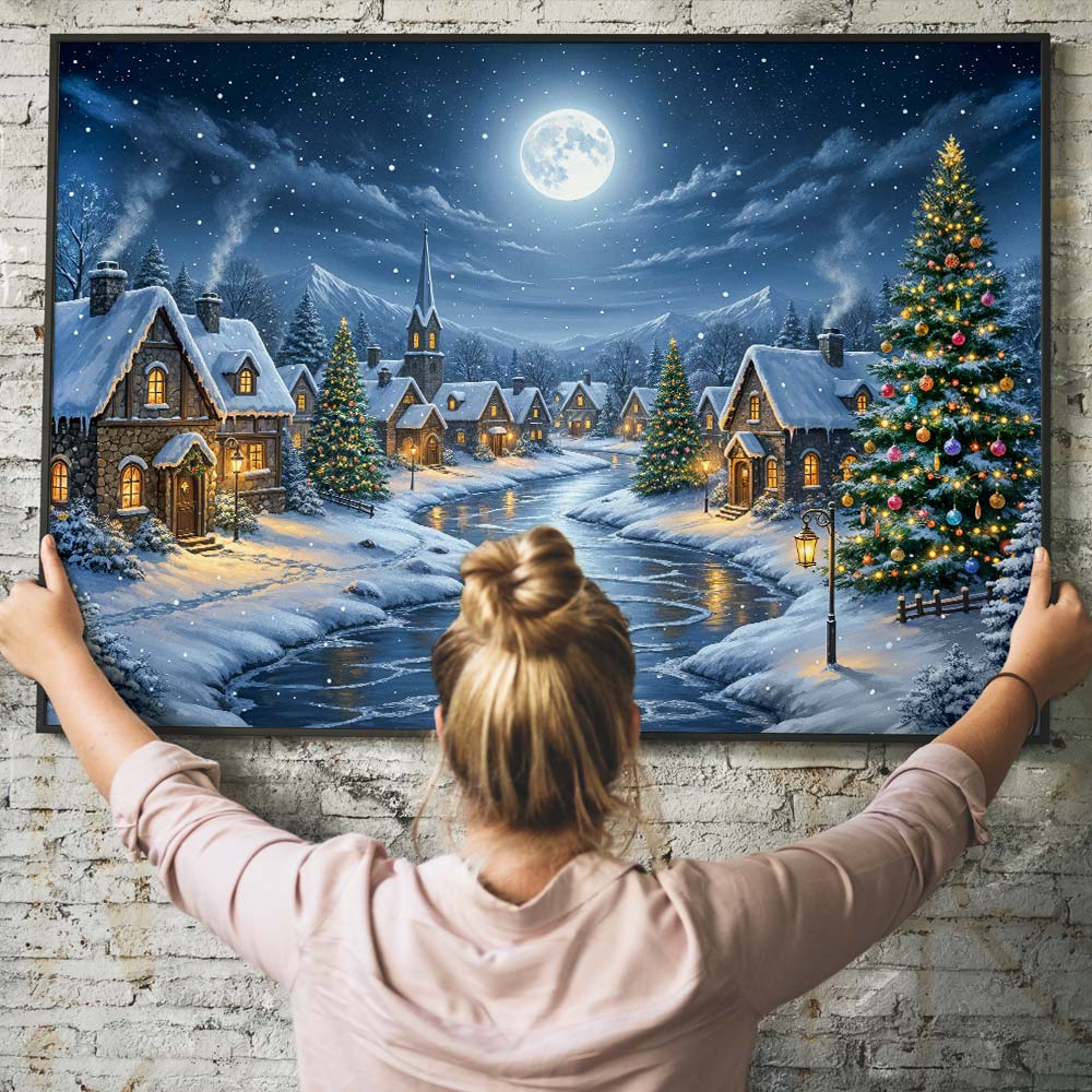 5D Diamond Painting – Mondnacht im Winterdorf Unique-Diamond
