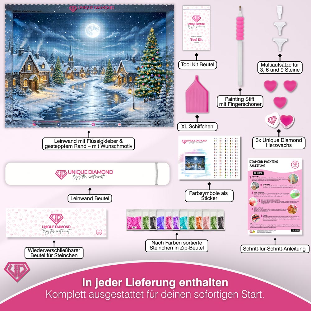 5D Diamond Painting – Mondnacht im Winterdorf Unique-Diamond