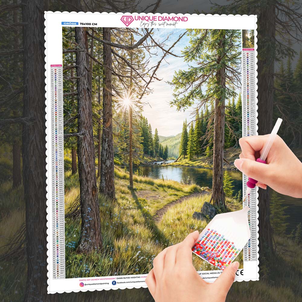 5D Diamond Painting – Morgenglanz am Waldpfad, Unique-Diamond