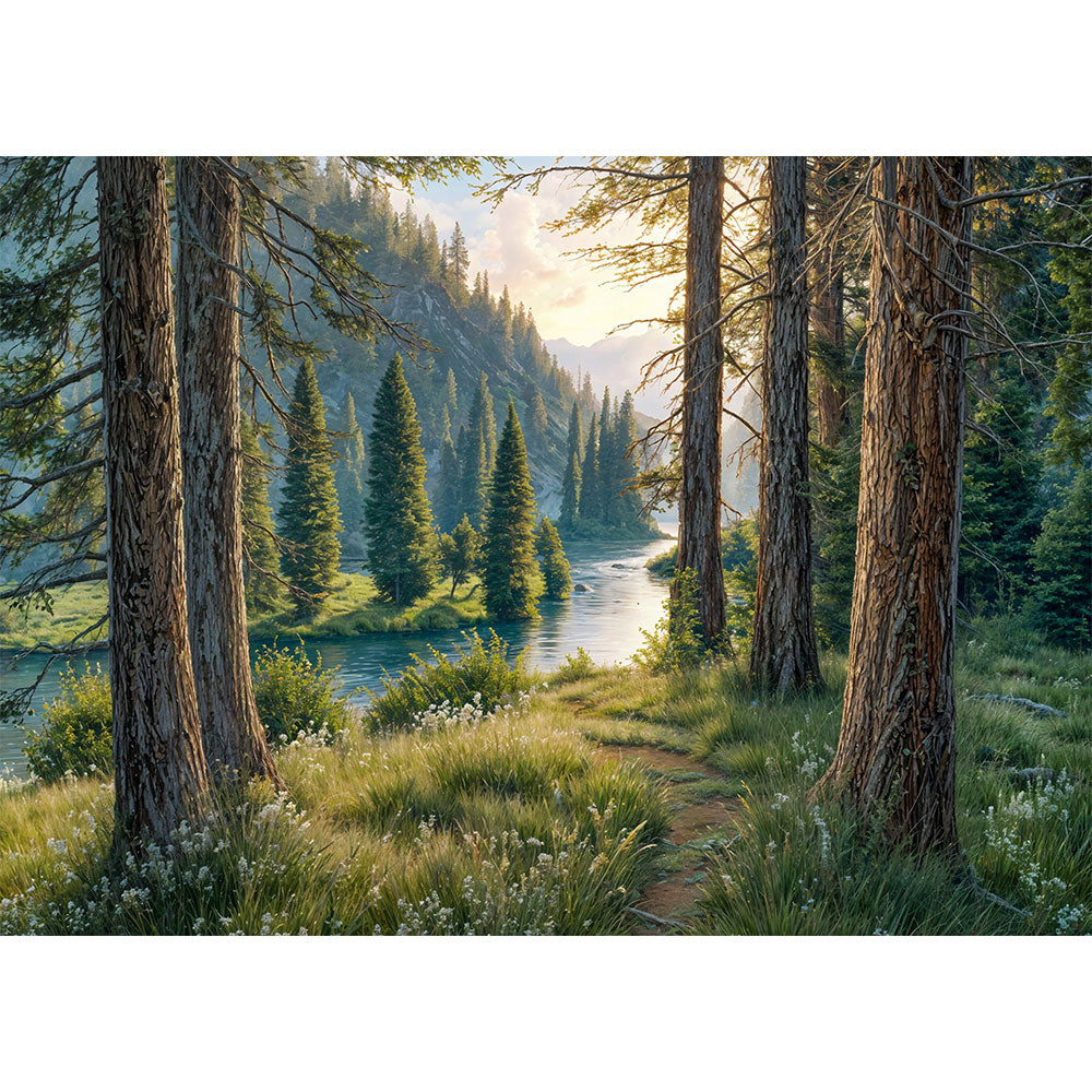 5D Diamond Painting – Morgenglanz im Tannental, Unique-Diamond