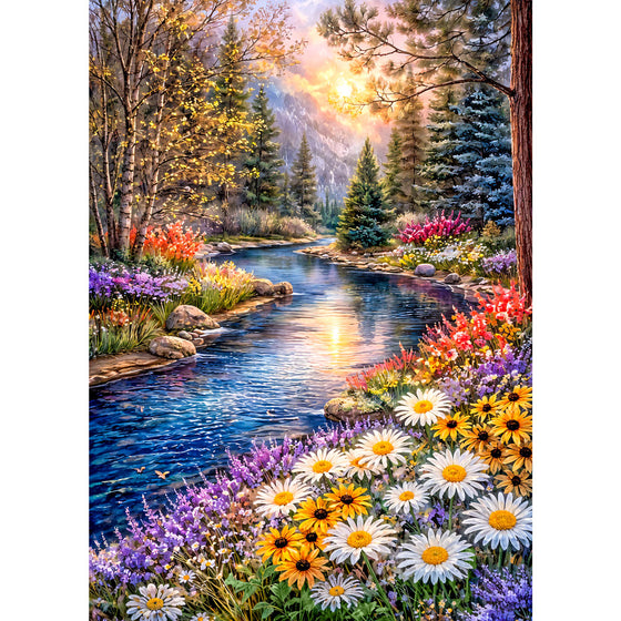 5D Diamond Painting – Mountain River Blossom, Unique-Diamond