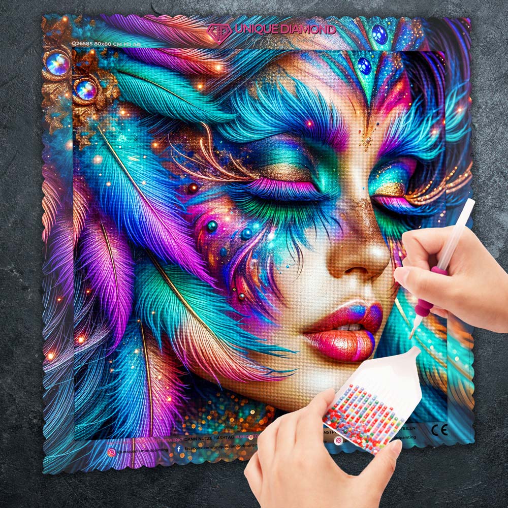 5D Diamond Painting – Nayeli im Farbenrausch der Federn