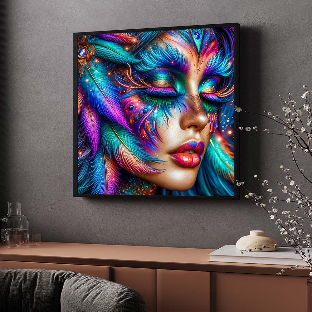 5D Diamond Painting – Nayeli im Farbenrausch der Federn