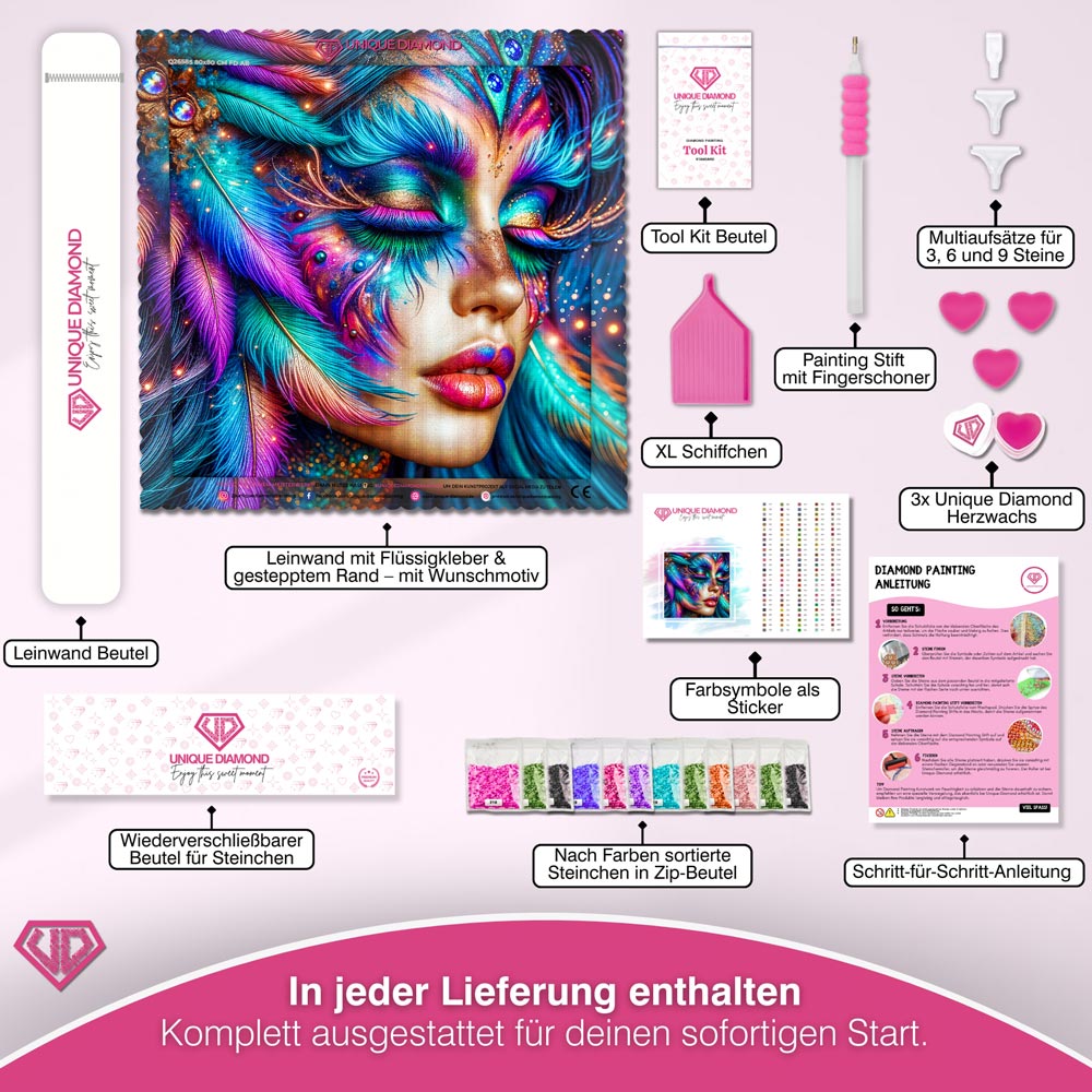 5D Diamond Painting – Nayeli im Farbenrausch der Federn