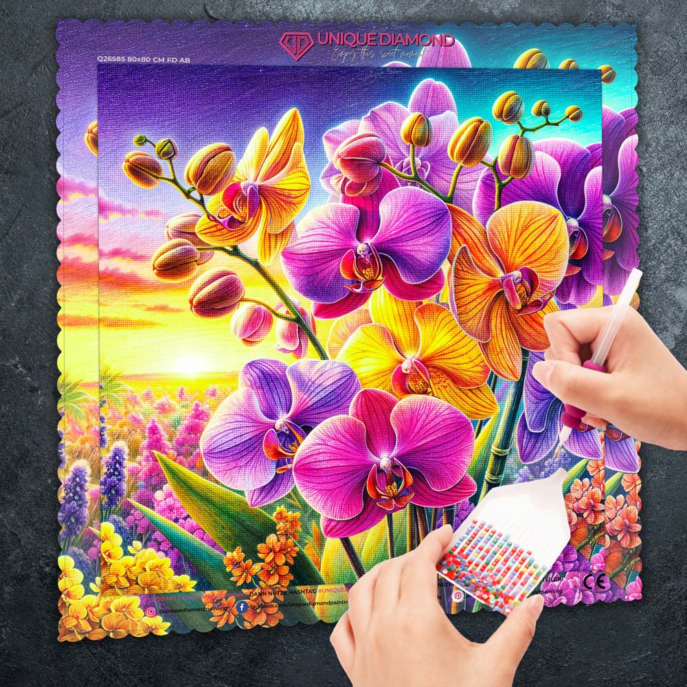 5D Diamond Painting – Orchideenfeuer im Abendlicht, Unique-Diamond