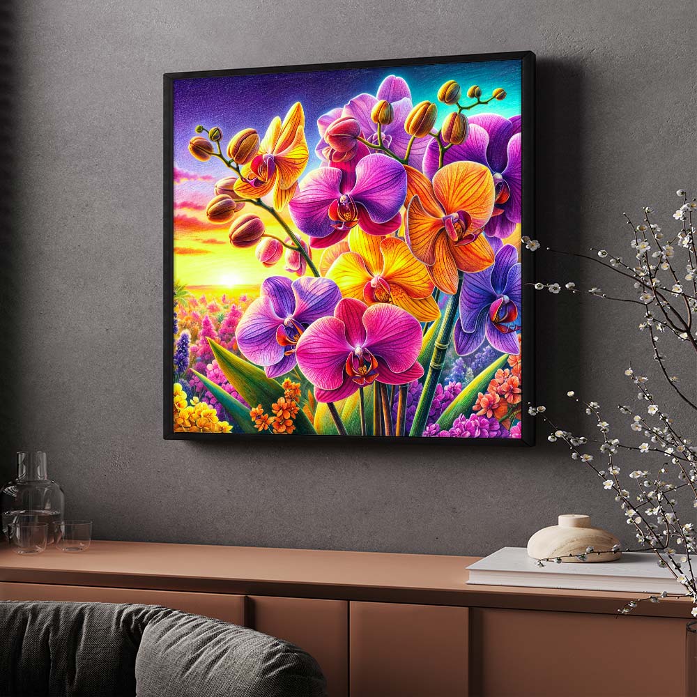 5D Diamond Painting – Orchideenfeuer im Abendlicht, Unique-Diamond