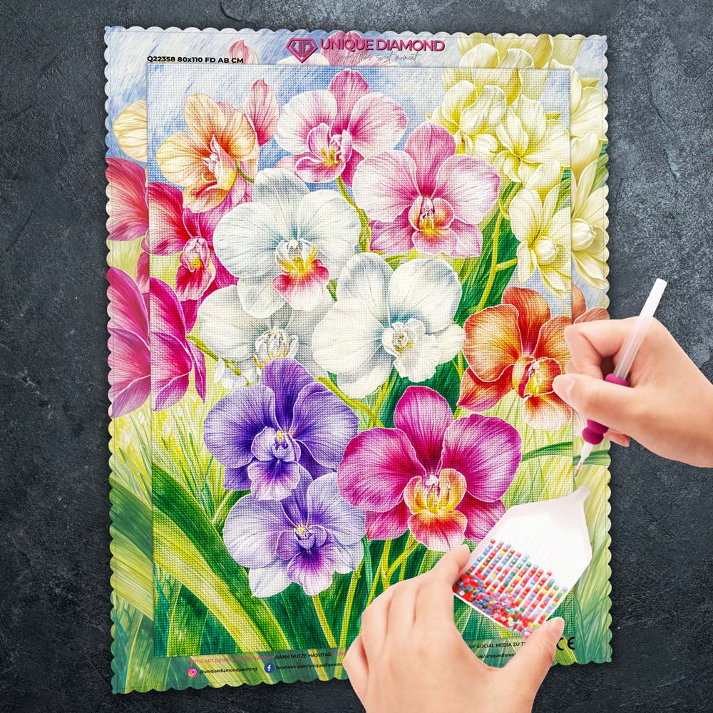 5D Diamond Painting – Orchideengarten im Morgenlicht, Unique-Diamond