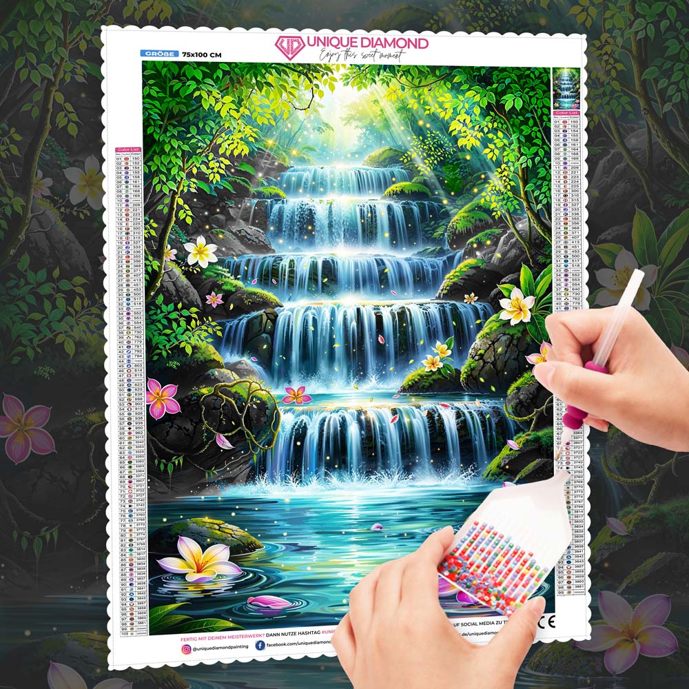 5D Diamond Painting – Paradiesischer Wasserfall Eden, Unique-Diamond