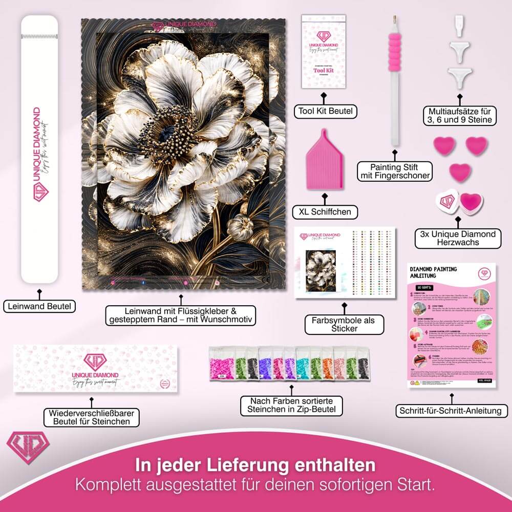 5D Diamond Painting – Perlblüte im Goldstrom