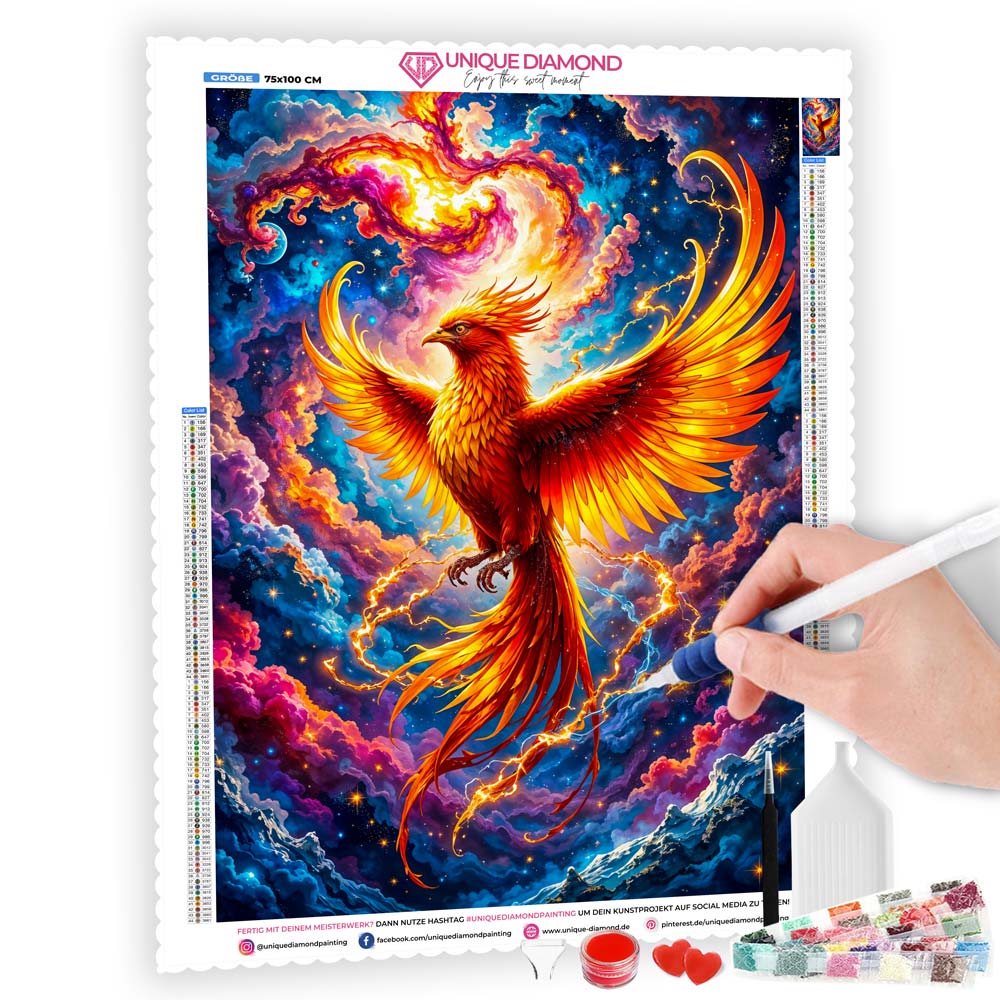 5D Diamond Painting – Phönix im Sternenfeuer mit 100 Farben, Unique-Diamond