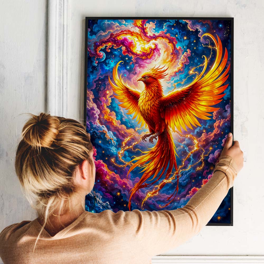 5D Diamond Painting – Phönix im Sternenfeuer mit 100 Farben, Unique-Diamond