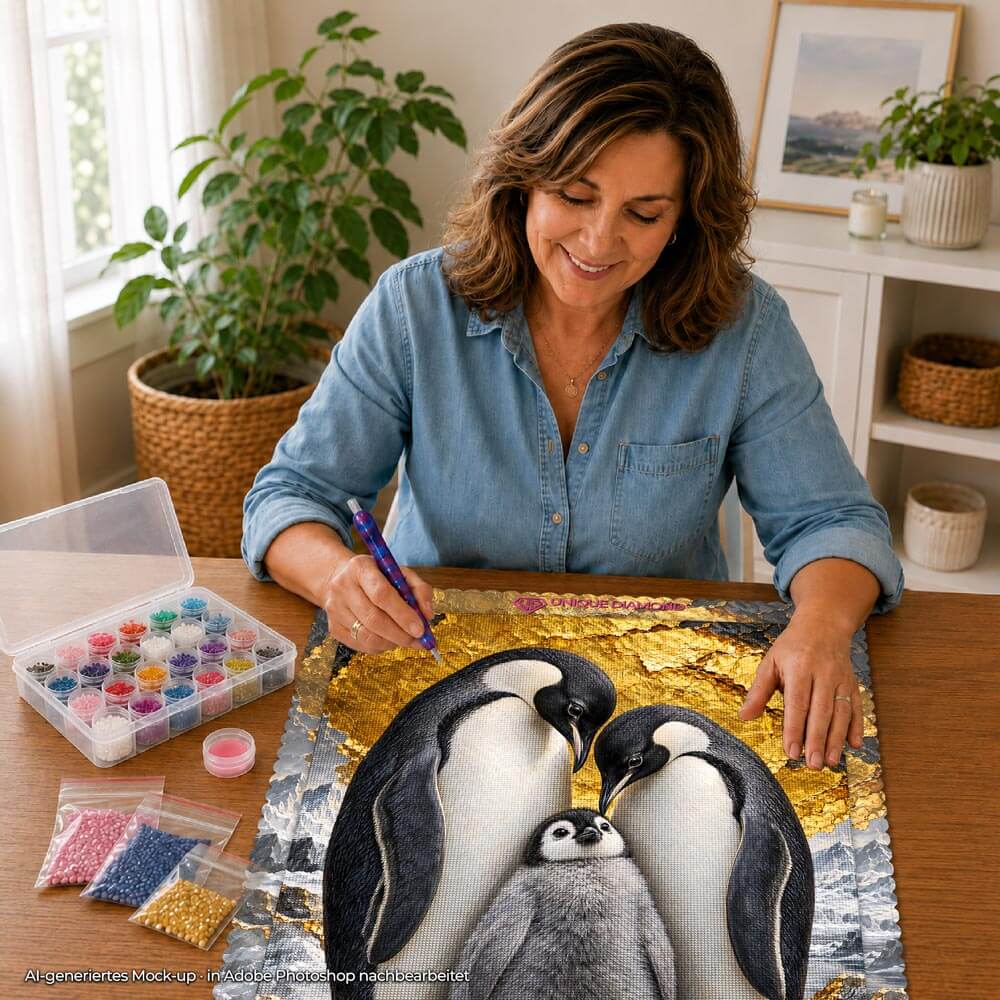 5D Diamond Painting – Pinguinfamilie im Goldglanz
