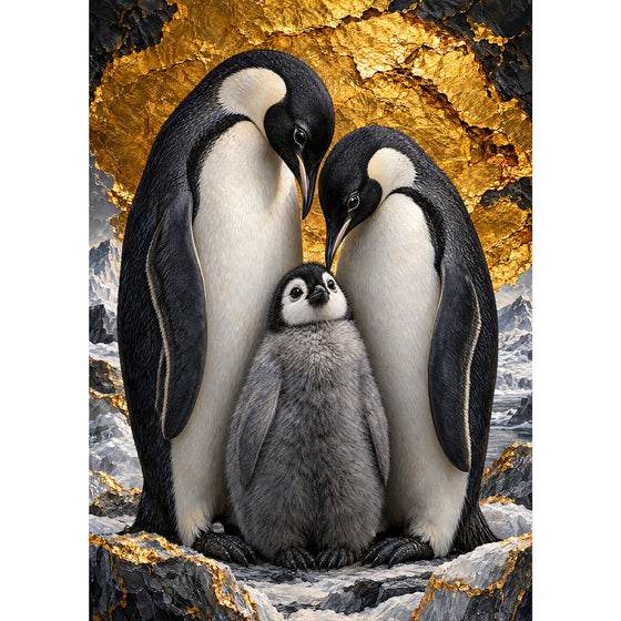 5D Diamond Painting – Pinguinfamilie im Goldglanz | Unique Diamond