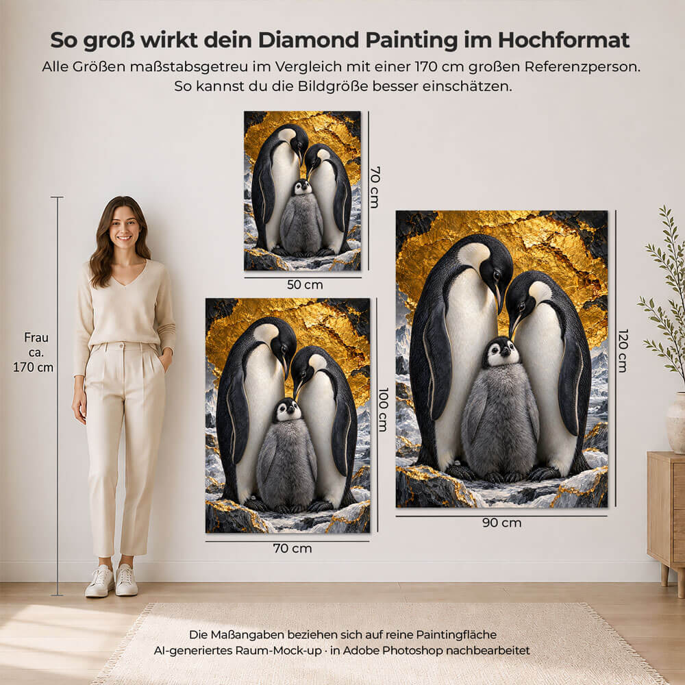5D Diamond Painting – Pinguinfamilie im Goldglanz
