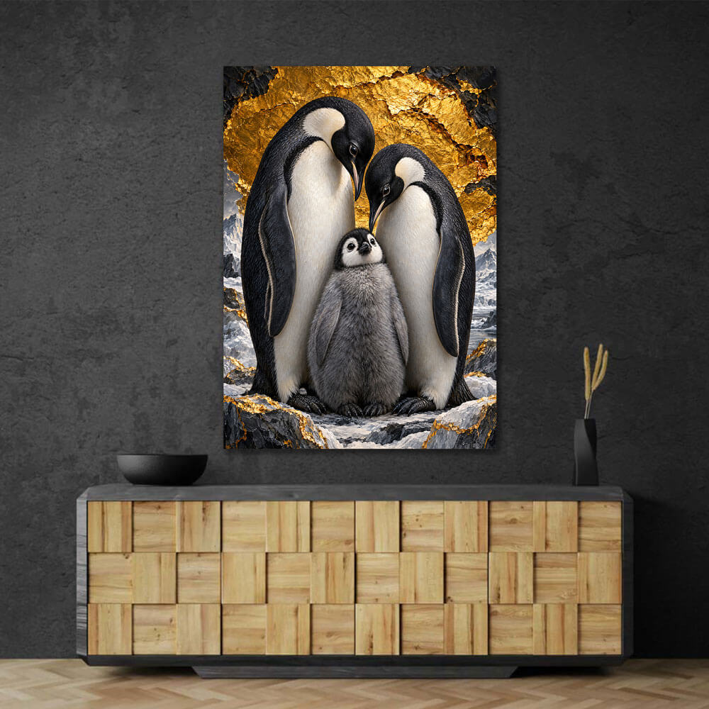 5D Diamond Painting – Pinguinfamilie im Goldglanz