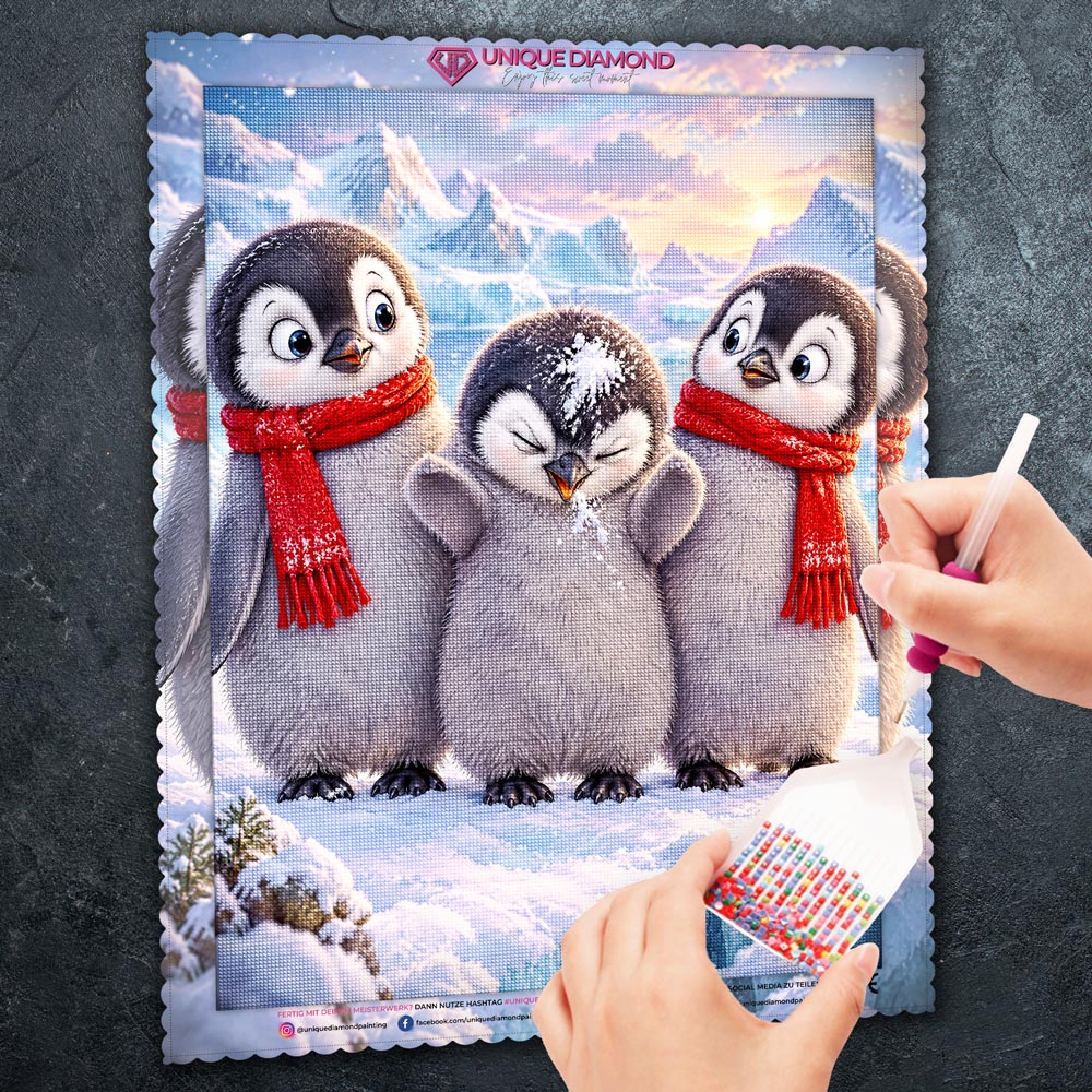 5D Diamond Painting – Pinguintrio im Schneespaß