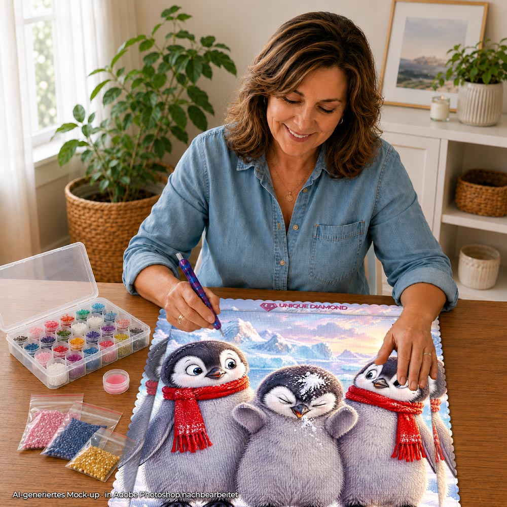 5D Diamond Painting – Pinguintrio im Schneespaß