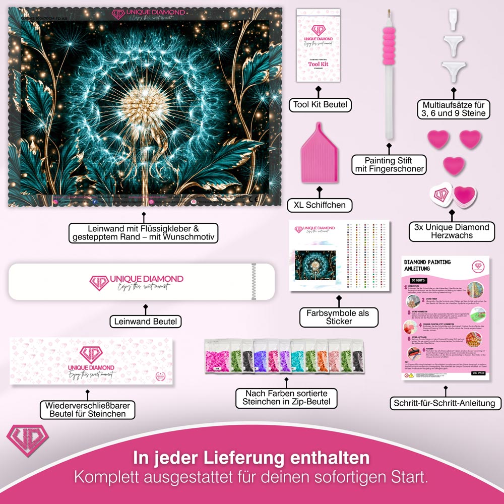 5D Diamond Painting – Pusteblume Aurelia im Türkislicht