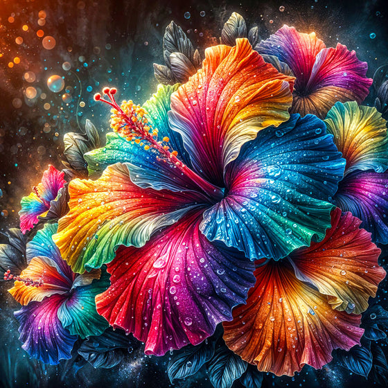 5D Diamond Painting – Regenbogen-Hibiskus der Elemente, Unique-Diamond
